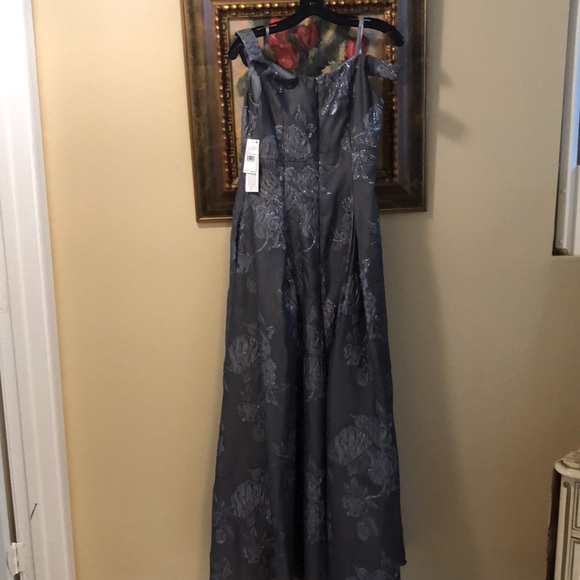 Aidan Mattox Gunmetal Off The Shoulder Silver Floral Detail-Soft Mesh Lined Gown - Picture 4 of 14